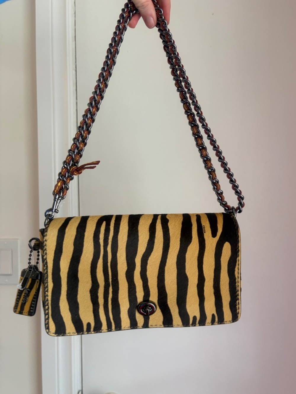 Coach Haircalf Dinky Animal-Print Shoulder Bag in Black and Tan - Picture 3 of 14